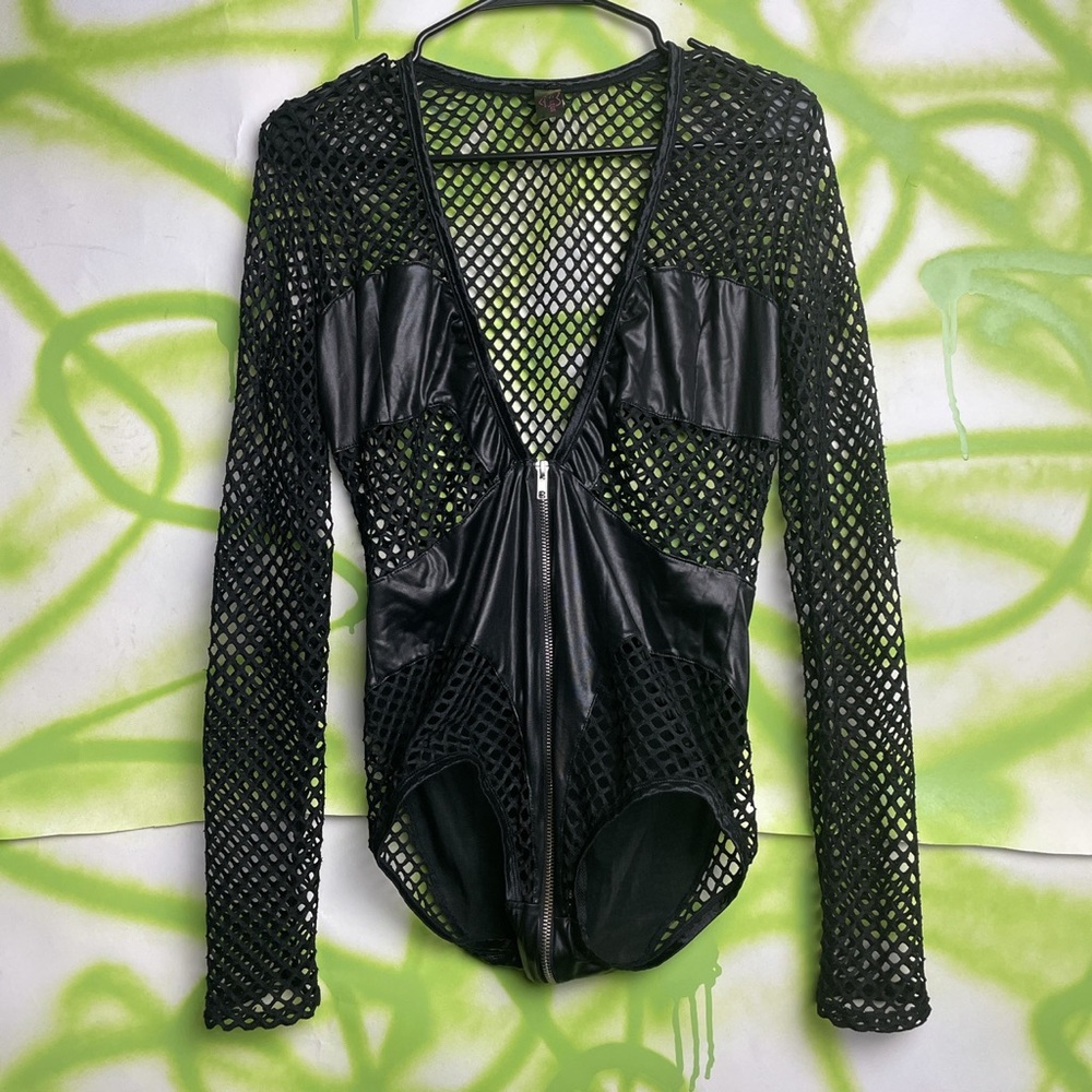 Leg Avenue music legs leotard fishnet zips down and all the way back plunge neck